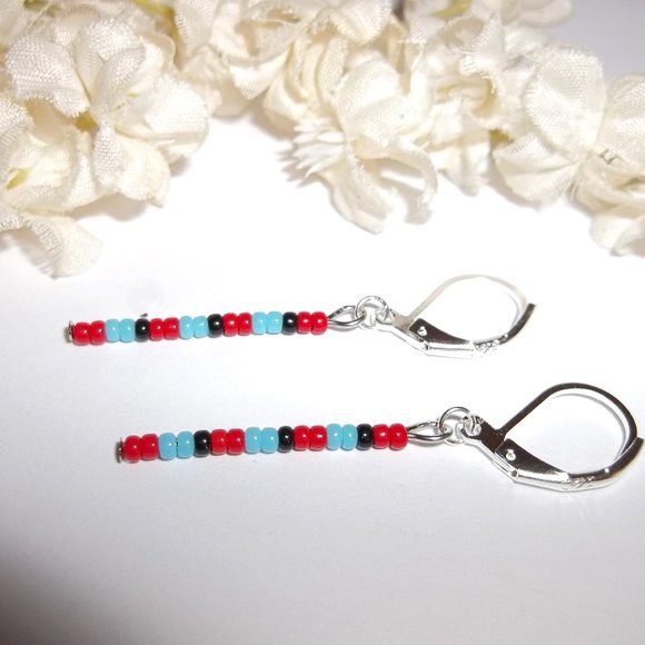 Linear Seed Bead Drop Earring Minimalist Sleek Red Turquoise Blue Black Set A726 - Picture 5 of 9